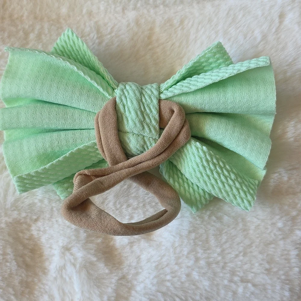Mint Green Waffle Bow With Nylon Headband Hair Clip for Baby Kids